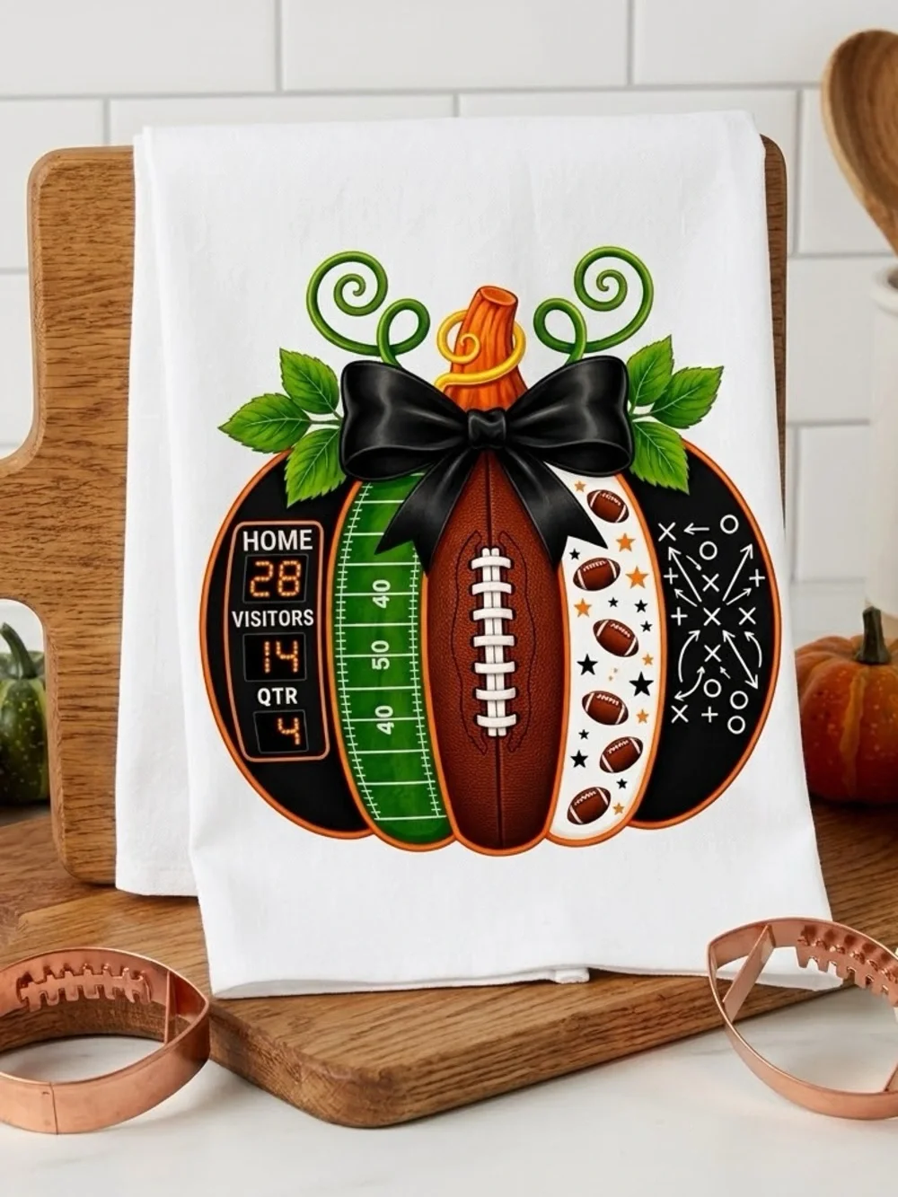 Football Pumpkin Decorative Kitchen Towel - White